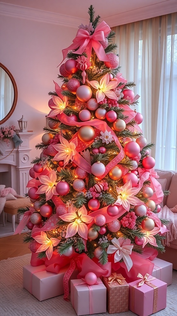 A pink Christmas tree decorated with ornaments and lights in a cozy living room.